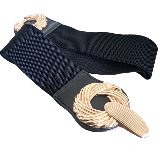 Corset Black wide waist elastic stretch belt metal gold swirls buckle - Picture 9 of 11